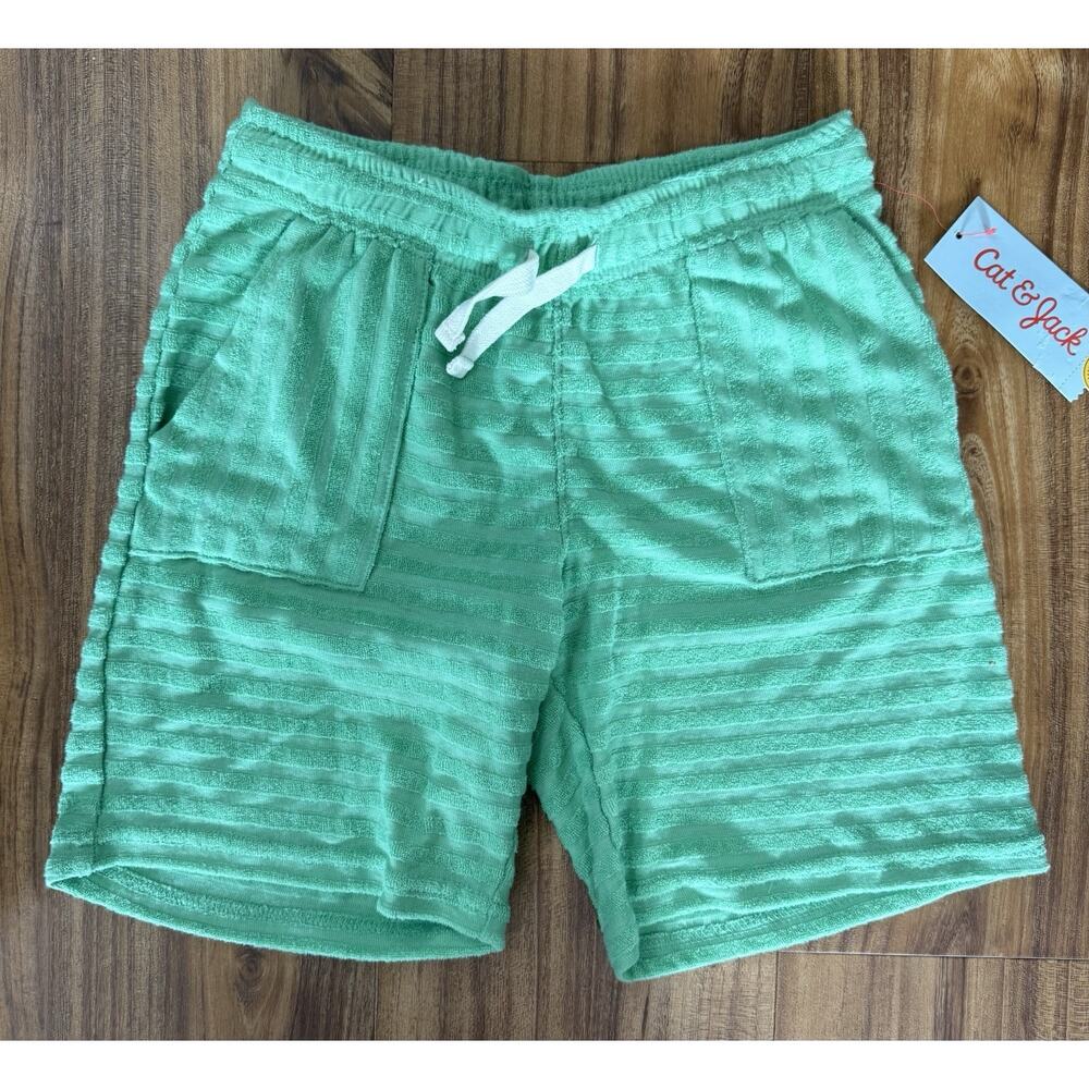 Cat‎ and Jack Shorts Girls S (6/7) Green Pull On Terrycloth Stripes Drawstrings